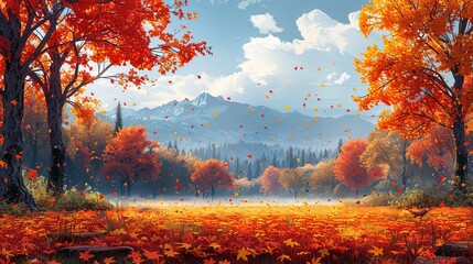 Scenic landscape with golden autumn leaves falling from trees
