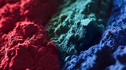 Bright chemical powders in shades of red, blue, and green, their fine texture captured in a close-up shot that highlights the intricate details and soft light reflections.