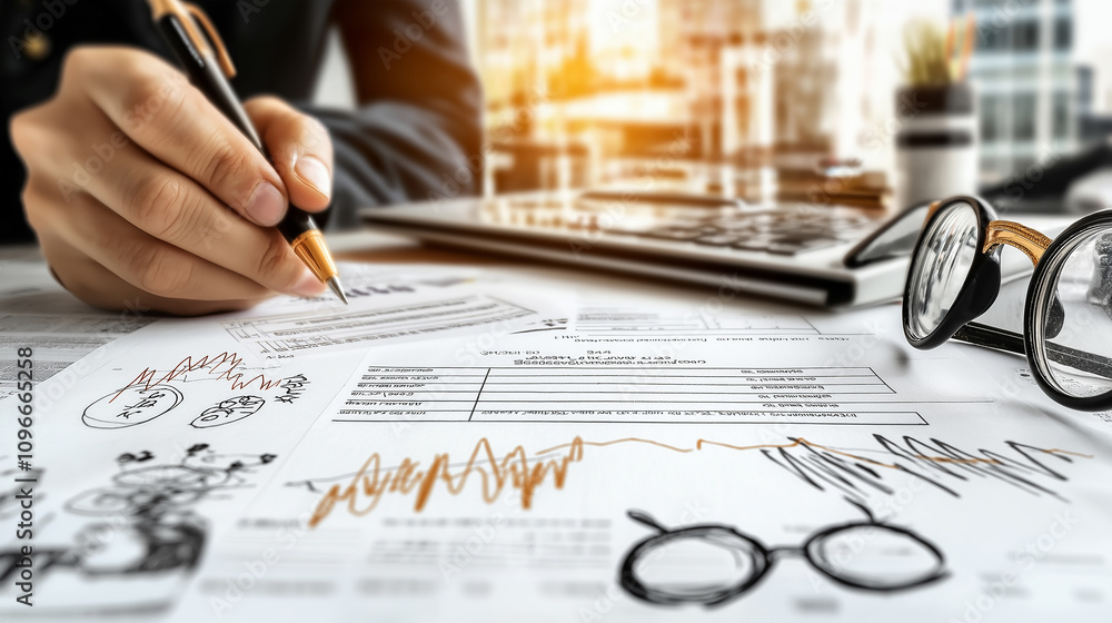 Poster business professional completing financial documents with graphs and charts, showcasing analysis and