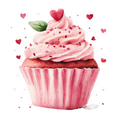 Delightful pink cupcake with swirled frosting and heart decorations on a white background for festive occasions
