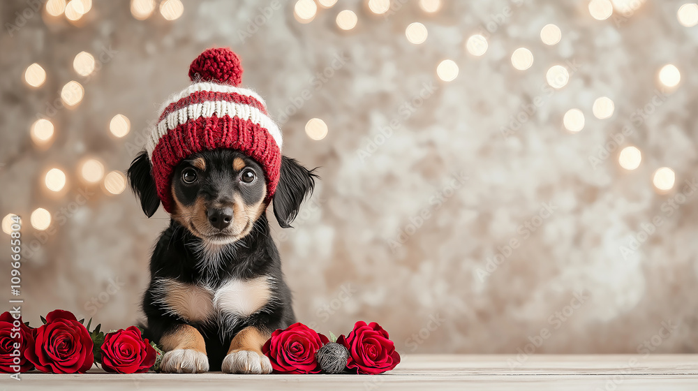 Poster puppy wearing festive hat sits among red roses, creating joyful atmosphere. soft bokeh background ad