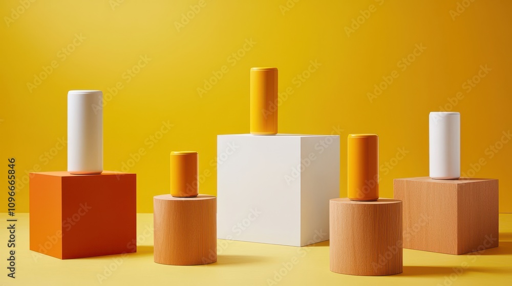 Aufkleber display of coated cylinders on geometric shapes under studio lighting