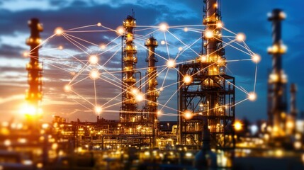 Network Visualization Overlaid on Factory Equipment at Dusk