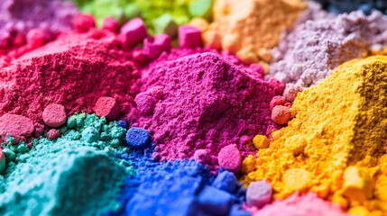 Fototapeta premium Bright chemical powders in vivid colors, their granular texture captured in a macro view that showcases the intricate details and soft light reflections off each individual granule.