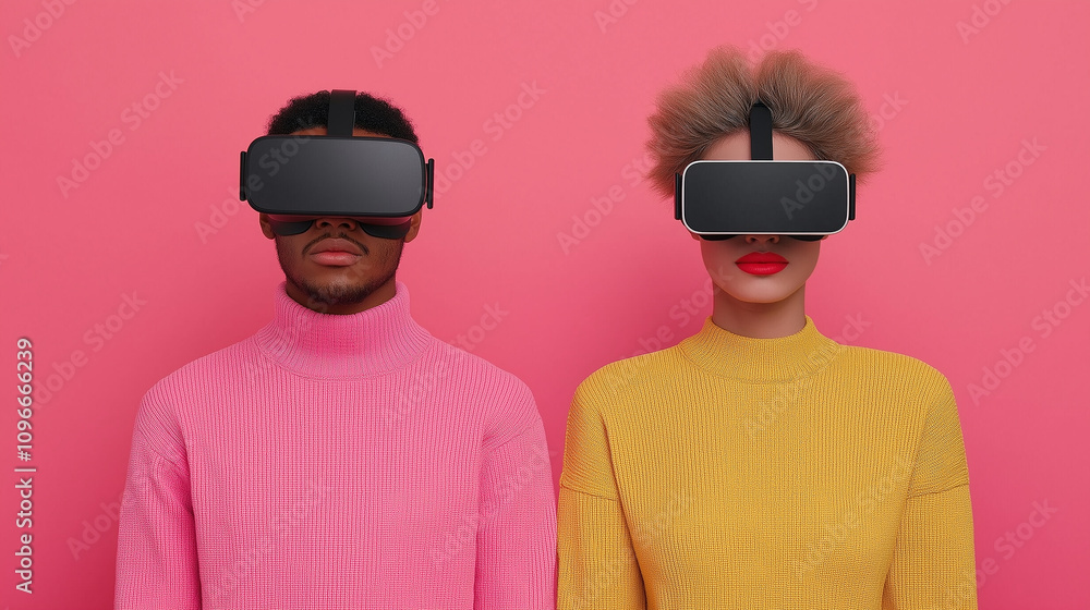 Poster student using virtual reality headset, showcasing technology and innovation. vibrant colors of their sweaters contrast with pink background, creating modern and engaging atmosphere