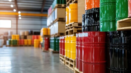 Colorful industrial drums arranged in a warehouse setting with wooden pallets