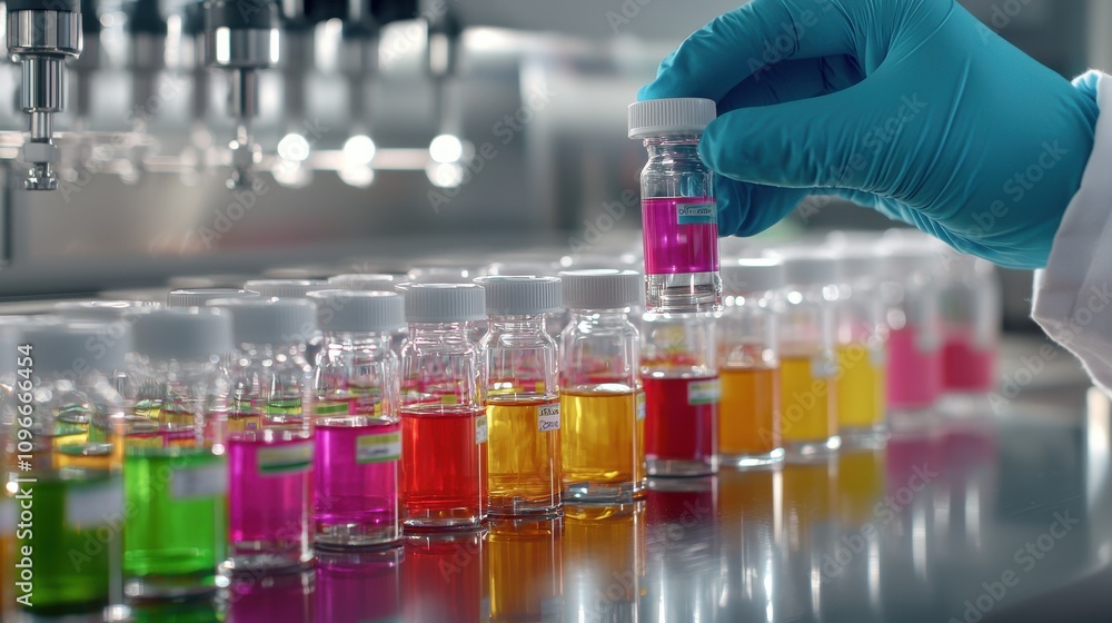 Aufkleber colorful liquid samples in laboratory with scientist holding flask