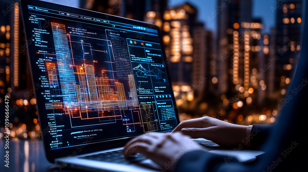 Fototapete person using laptop with advanced data visualization software at night, showcasing city skyline in b