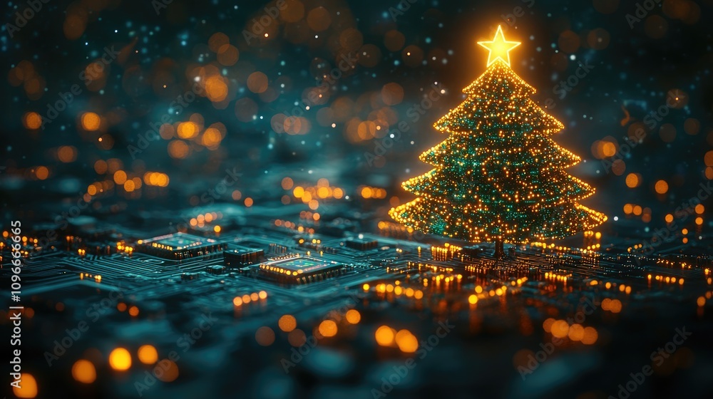 Wall mural green digital christmas tree with a luminous star shines against a technology-inspired circuit board