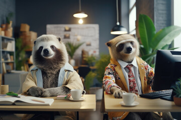 Sloths in business attire working at office desks with computers and coffee