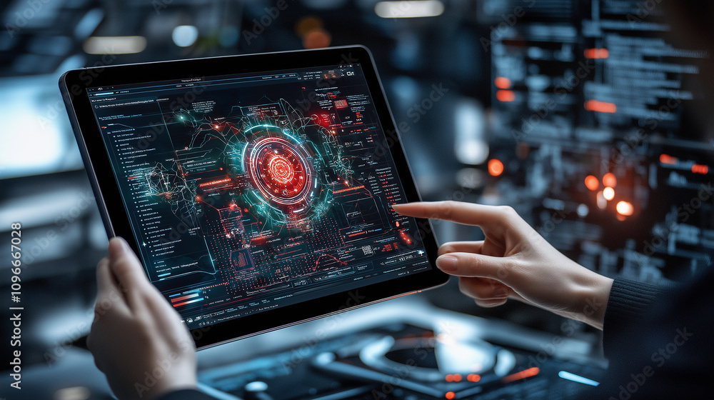 Poster person interacts with advanced ai based educational tool on tablet, showcasing futuristic interface 