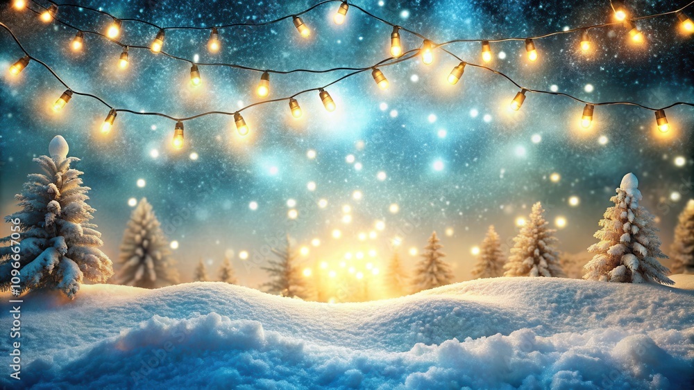 Poster festive string lights adorn a snowy winter landscape with sparkling trees and a blurry background of