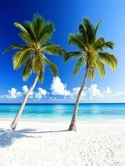 Naklejka premium Tropical Paradise Beach Scene: Pristine White Sand and Majestic Palm Trees Under a Clear Blue Sky