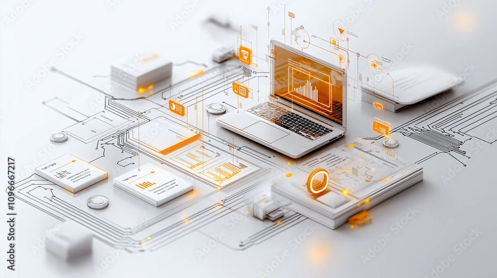 Poster digital illustration of laptop surrounded by data flow and analytics, showcasing modern technology and connectivity. design emphasizes innovation and information processing