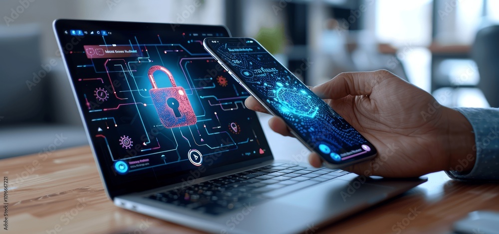 Poster businessman using smartphone and laptop with digital padlock icon secure data protection network upg