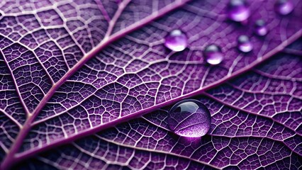 Fototapeta premium A delicate pattern of dripping water on a purple violet leaf, nature, macro, botanical, water, details