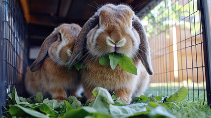 Obraz premium Two adorable lop-eared rabbits enjoying fresh greens in an outdoor enclosure, bathed in natural sunlight.