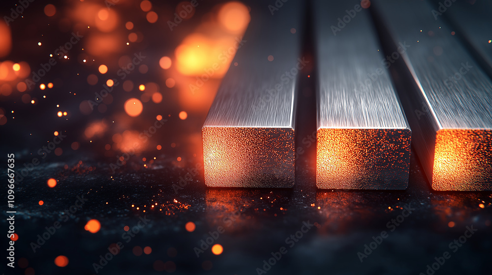 Aufkleber three rectangular steel bars arranged in line, glowing with sparks and heat, create striking industr