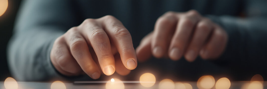 Hands poised over a mysterious surface with glowing lights reminiscent of a digital interface, illustrating human interaction and futuristic technology.