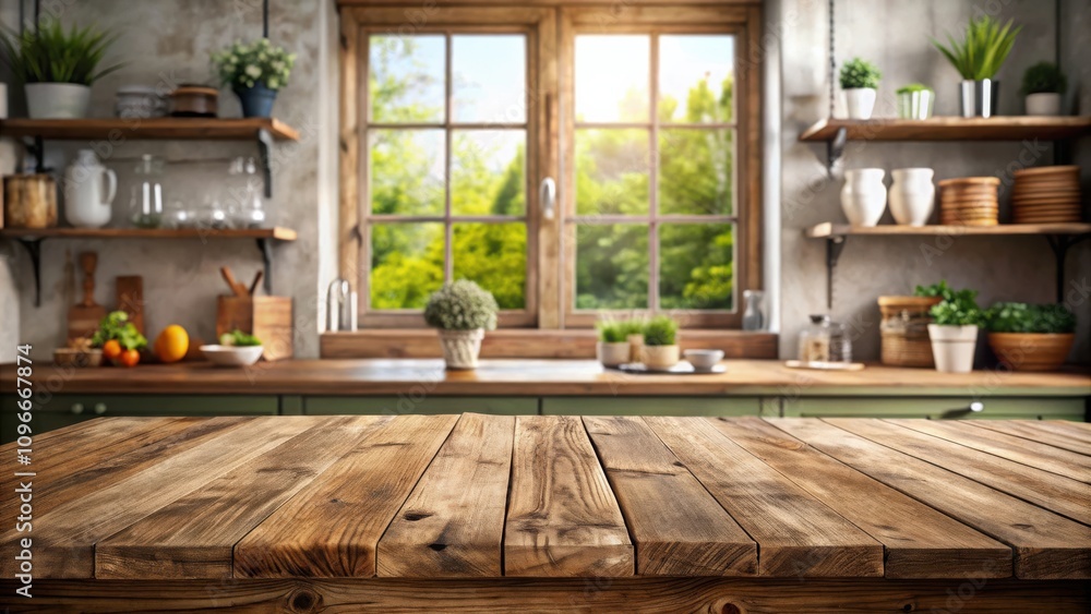 Poster rustic wooden table top with a view of a kitchen window and green foliage outside