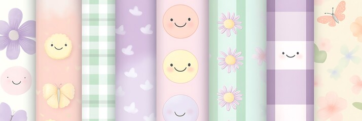 Pastel Smiley Faces, Flowers, and Checkered Squares Seamless Patterns, Soft Color Palette with Lavender, Mint Green, Blush Pink, Lilac, and Baby Blue