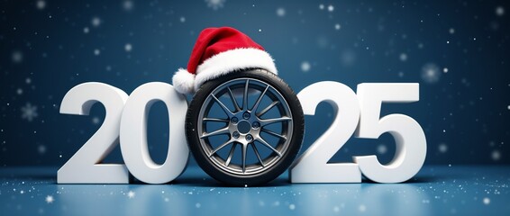 Festive 2025 New Year image featuring a car wheel with a Santa hat between large white numbers. Snowy atmosphere creates a holiday feel, highlighting the blend of celebration and automotive themes.

