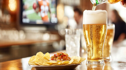 Super Bowl game party, glass of beer being poured next to plate of chips with salsa