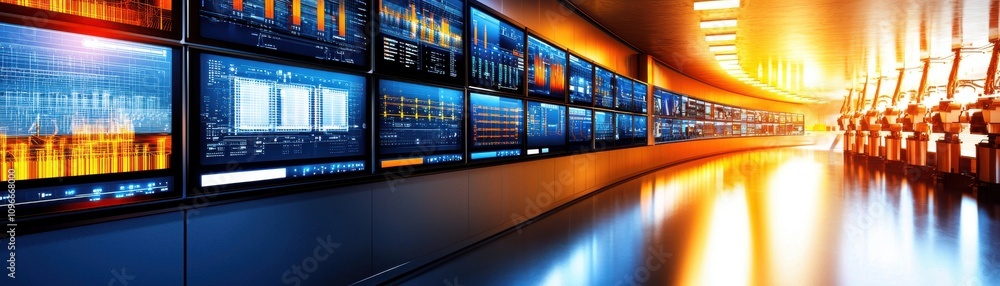 Poster futuristic control room with monitors and data displays for energy analysis