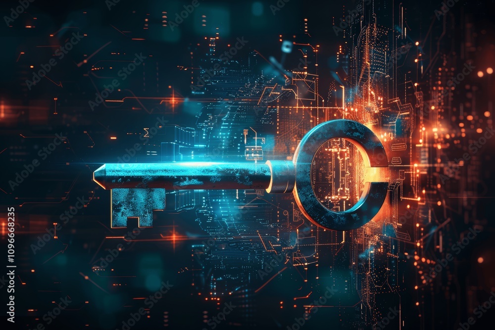 Poster digital key symbol on dark blue background for data security and internet technology concept