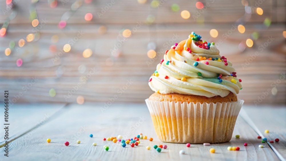 Poster a single vanilla cupcake with colorful sprinkles sits on a rustic wooden table, surrounded by a scat