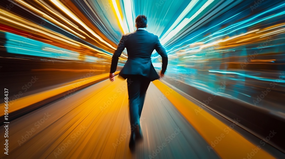 Poster blurred image depicting a dynamic and fast paced business environment with a person in a suit moving