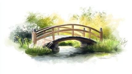 Obraz premium Elegant Hand-Drawn Wooden Bridge Over Stream