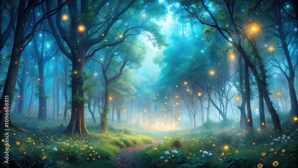 Poster enchanted forest path lit by glowing fireflies and mist