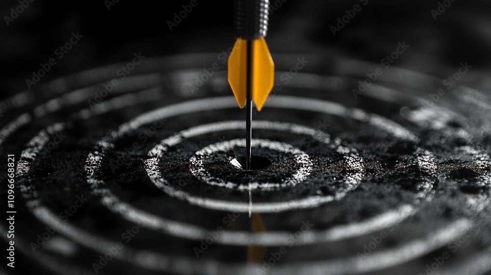 Poster focused business strategy with dartboard and directional arrow representing clear goal setting perfo
