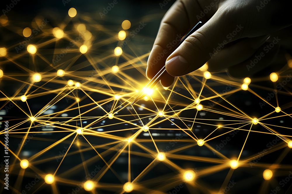 Poster hand interacting with a glowing network, representing connection, technology, and innovation. abstra