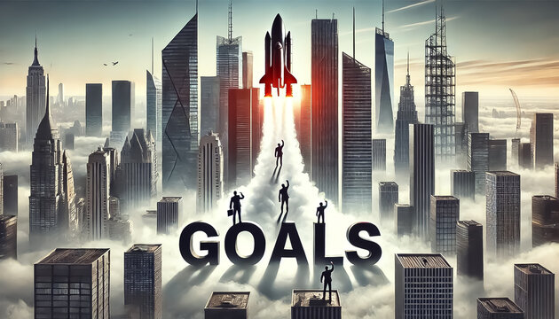Illustration of a rocket and workers trying to reach it, depicting high, unattainable goals