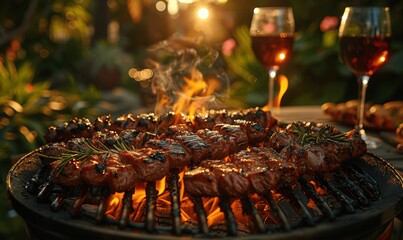 Friends Enjoying Outdoor BBQ Dinner Party in Garden with Wine and Grill Meat - Celebrating Social Gathering with Multiracial Group in Backyard