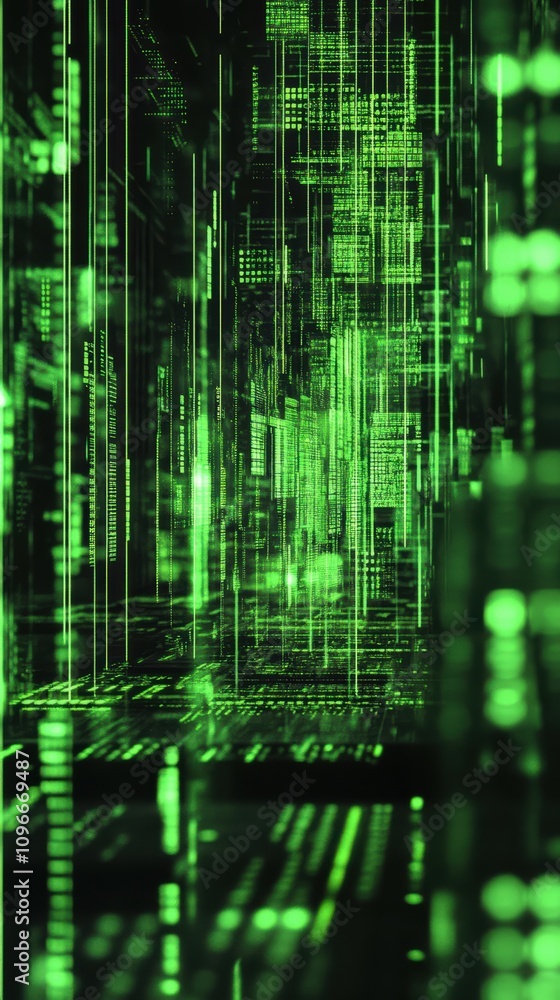 Poster exploring the digital neon green book with cascading glitchy lines in a futuristic virtual environme