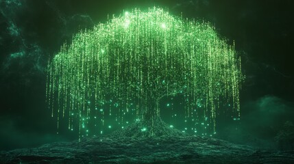 Obraz premium Cascading matrix-style neon green tree of life an artistic representation in a vibrant digital environment