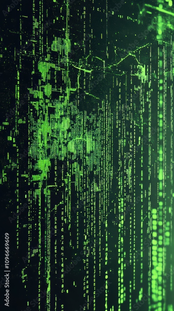 Poster exploring the digital realm a neon green book with glitchy cascading lines in a tech-infused environ