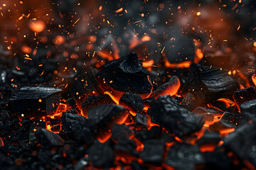 Burning embers and particles on a dark background, establishing a moody atmosphere, in a close-up view.