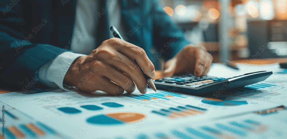 Poster businessman calculating financial reports with calculator and documents on desk in office for busine