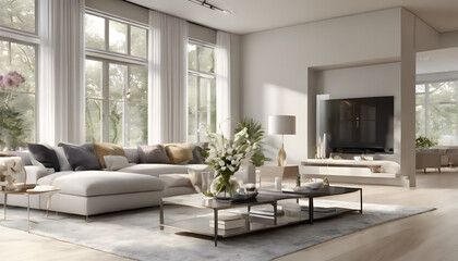 Fototapeta premium A contemporary living room with a spacious, open large window