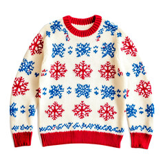 Festive Christmas sweater with red and blue snowflakes, isolated on  transparent background.
