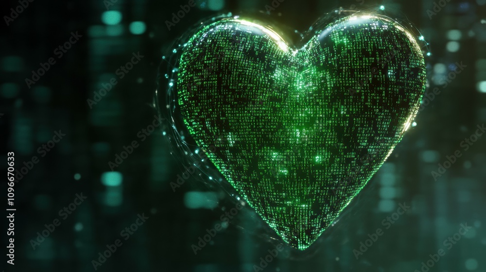 Poster exploring the matrix-inspired digital heart with glitching green code veins in a virtual environment