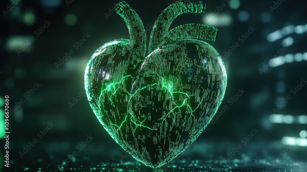 Poster digital heart glitch event in a matrix-inspired environment with green code veins concept