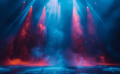 Empty Stage with Blue Spotlights and Smoke Creating a Moody Concert Atmosphere