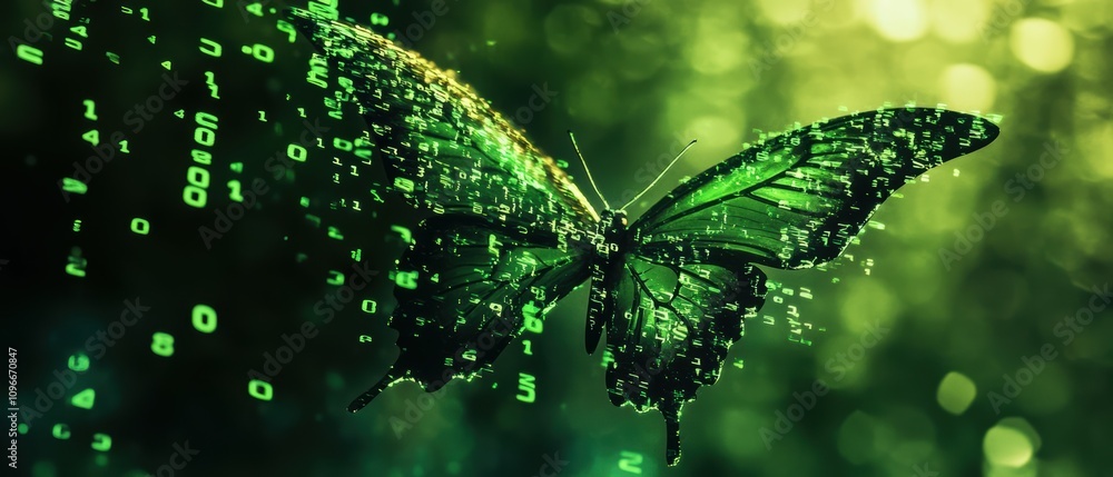 Aufkleber neon green numbers cascading to form a butterfly midflight digital art abstract environment unique p