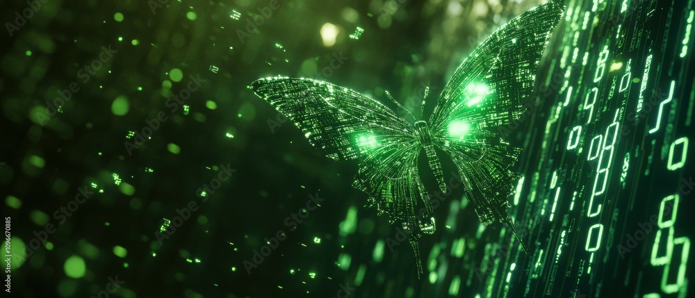 Poster neon green numbers cascading to form a butterfly midflight in a digital art installation abstract co