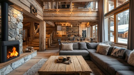 Cozy rustic interior with warm wood tones and natural materials